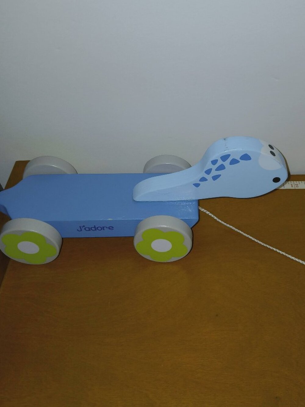 J'adore Wooden Dinosaur Pull Toy Blue Natural Wood Toddler Montessori Eco-Friend